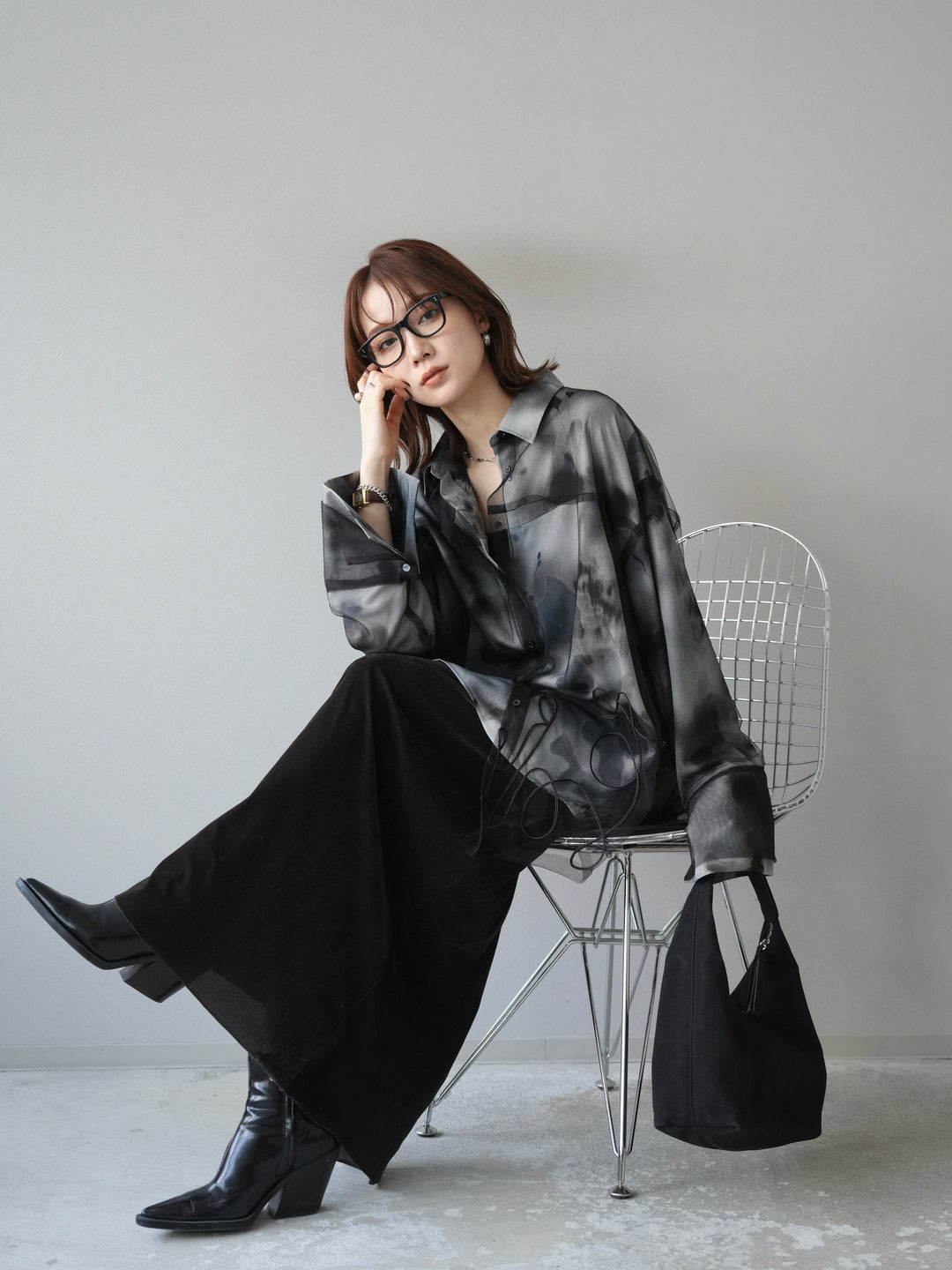 [SET]コード刺繍チュールシャツ＆ニュアンス柄シャツアンサンブル+ベロアナロースカート(2set)