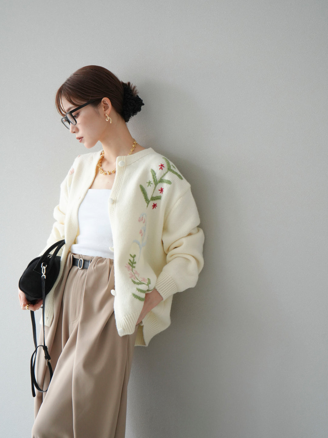 [SET]フラワー刺繍ニットカーディガン+ベルト付タックワイドパンツ(2set)