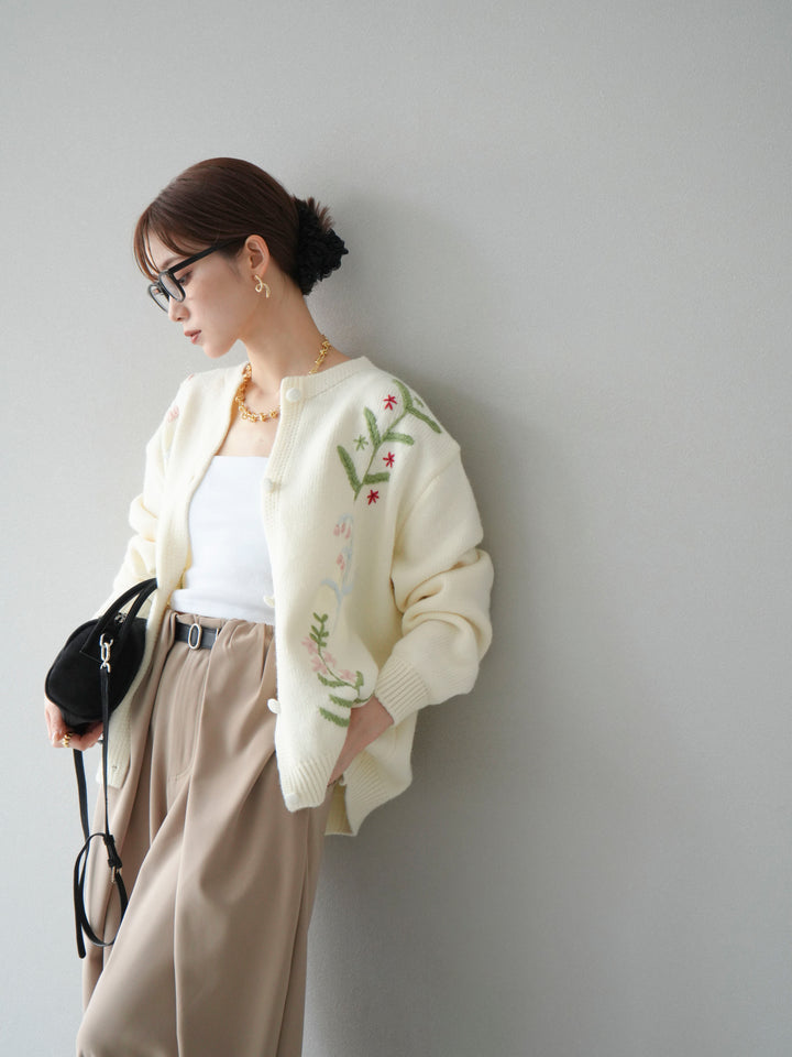 [SET]フラワー刺繍ニットカーディガン+ベルト付タックワイドパンツ(2set)