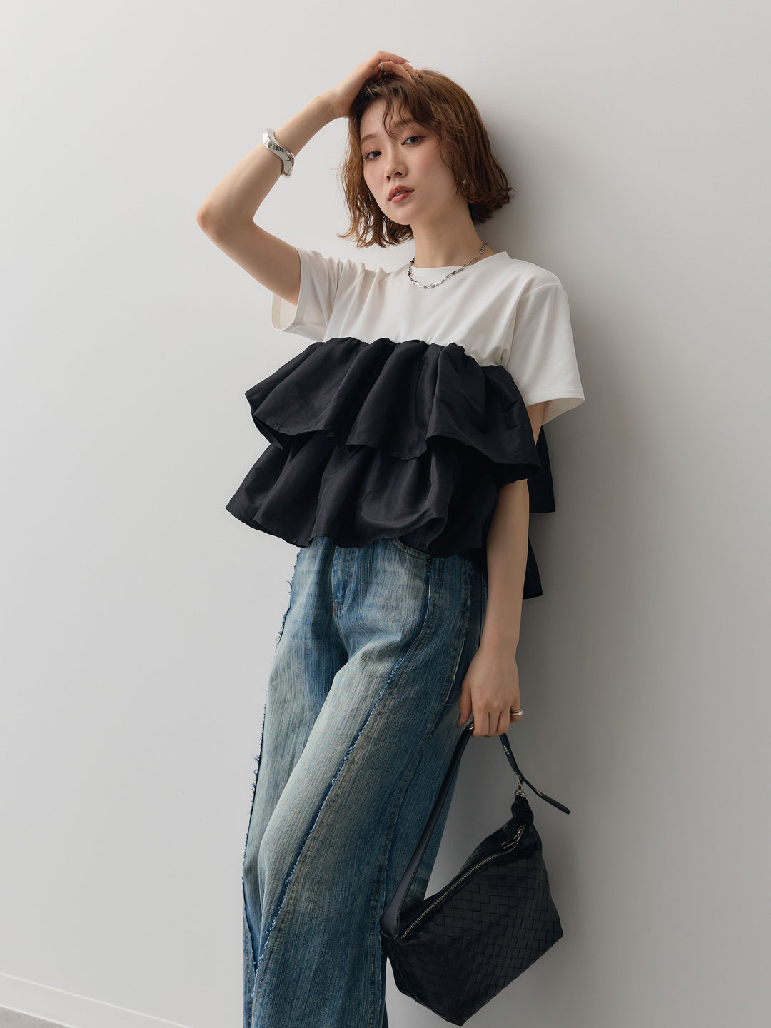 [SET]フリルティアードTEE+縦ウォッシュワイドデニムパンツ(2set)