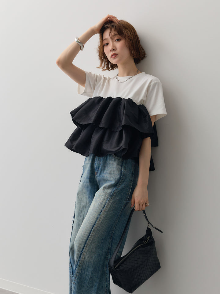 [SET]フリルティアードTEE+縦ウォッシュワイドデニムパンツ(2set)