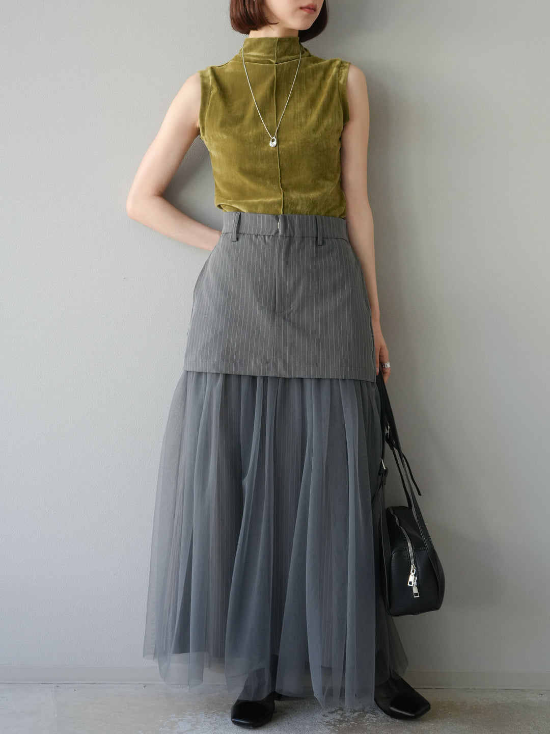 [予約]シアーベロアプチネックノースリーブトップス/カーキ