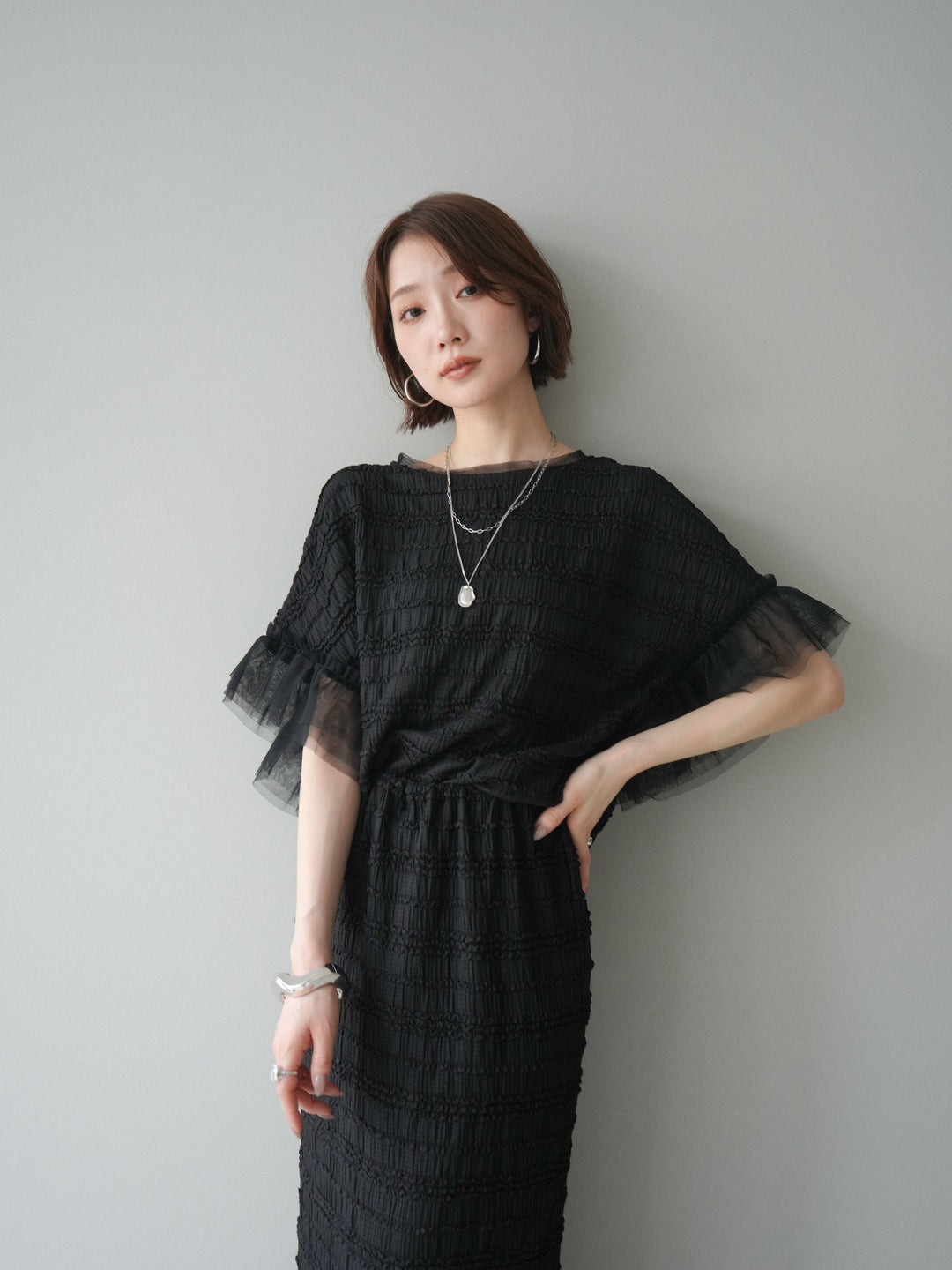 [SET]チュール袖リップルトップス+リップルIラインスカート(2set)