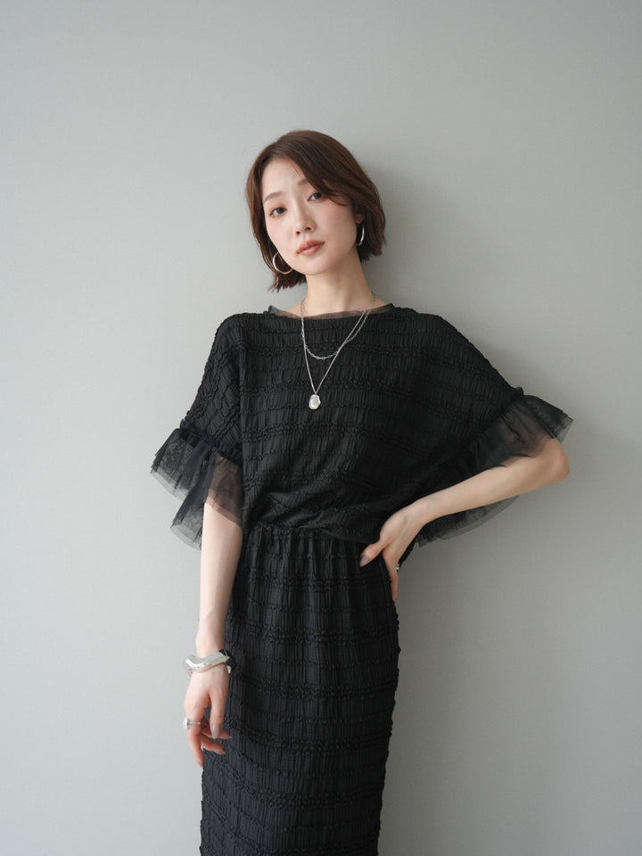 [SET]チュール袖リップルトップス+リップルIラインスカート(2set)