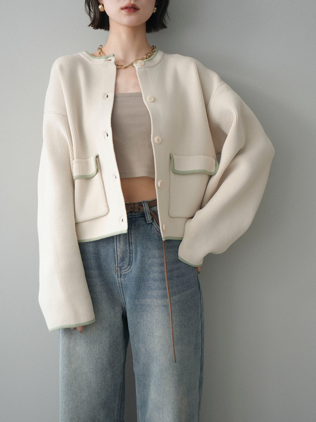 [SET]ポリエステル配色ニットカーディガン+裏起毛カットオフカーブデニムパンツ(2set)