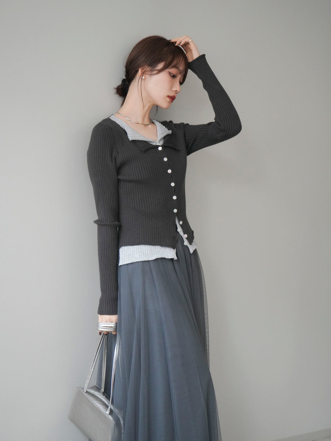 [予約]配色レイヤードリブニットカーディガン/charcoal