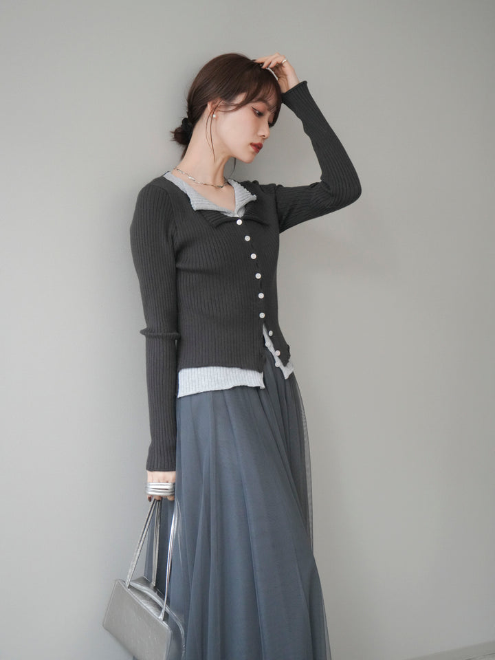 [予約]配色レイヤードリブニットカーディガン/charcoal