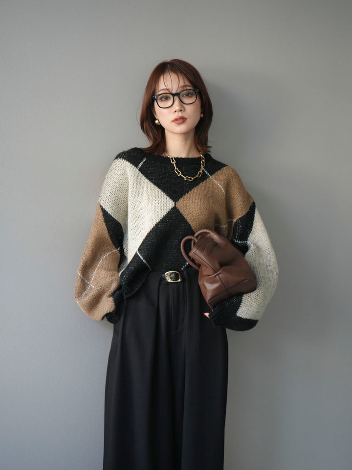 [予約]配色ステッチアーガイル柄ニットプルオーバー/black