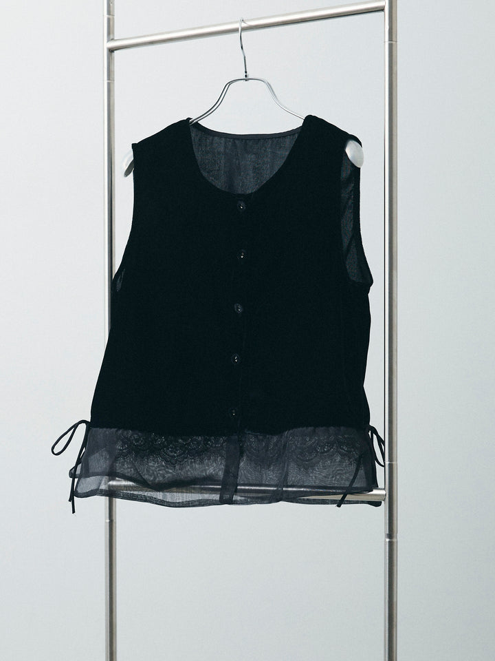 [SET]裾チュールベロアノースリーブプルオーバー+ラインストーンプリーツスカート(2set)