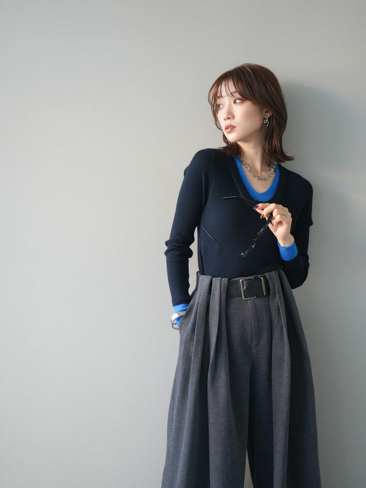 [予約]Uネック配色レイヤードリブニットトップス/black