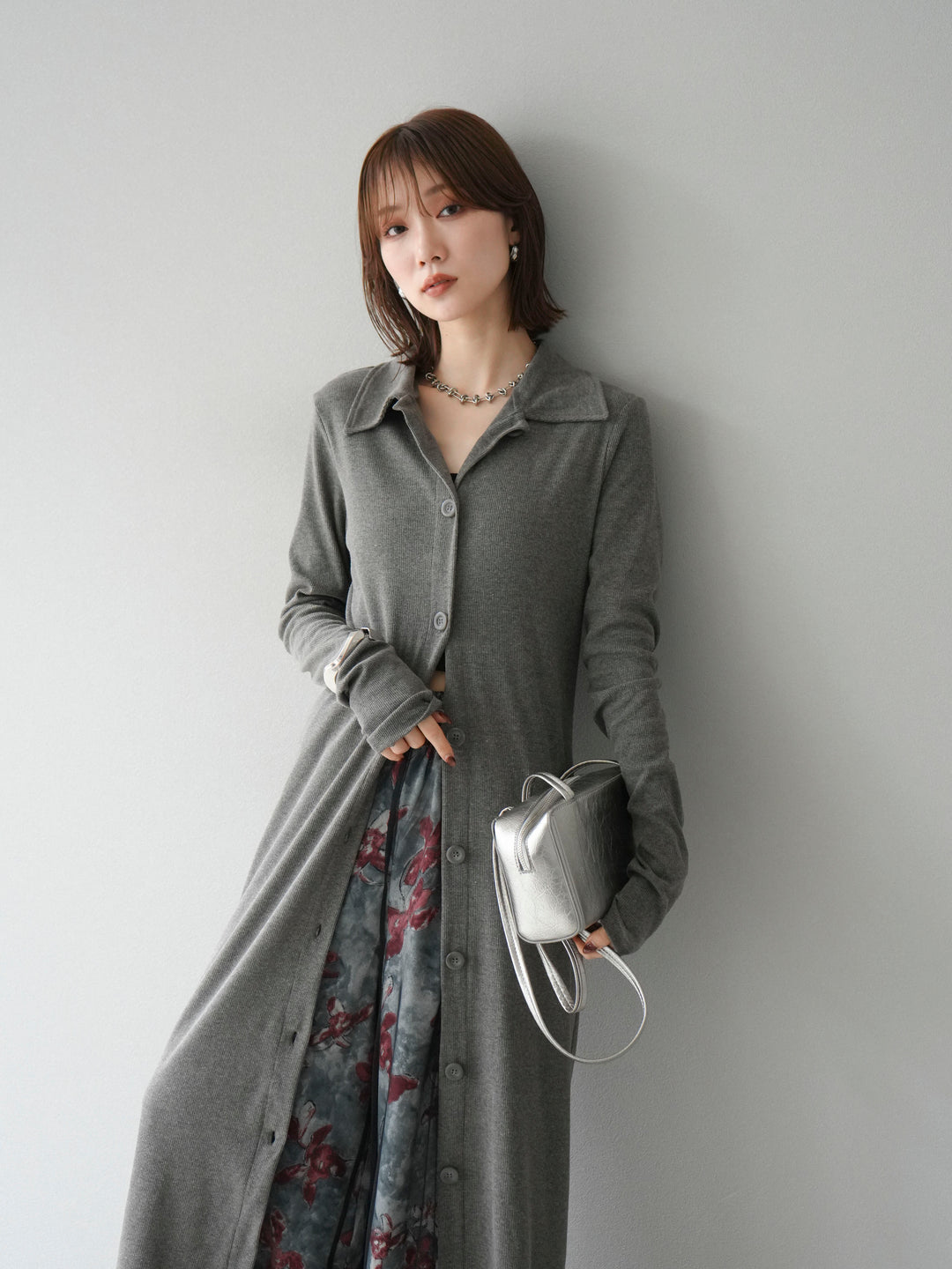 [SET]襟付きカットリブボタンワンピース+フラワープリントチュールレイヤードパンツ(2set)