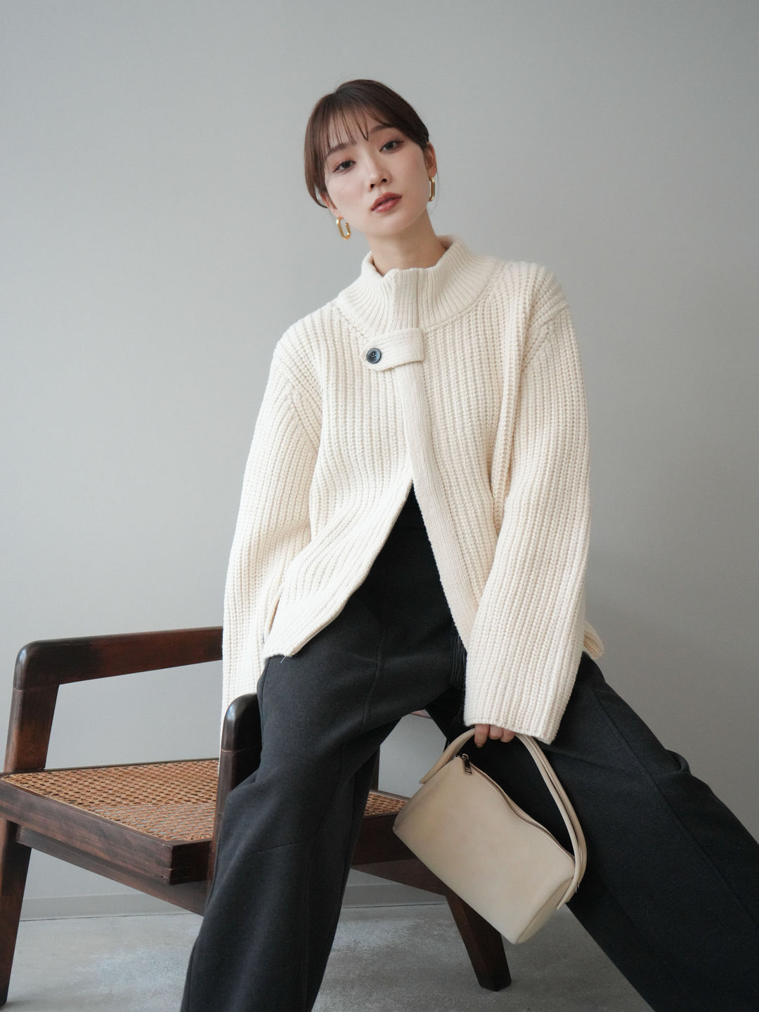 [SET]畦編みボトルネックZIPニットカーディガン+畦編みボトルネックZIPニットカーディガン(2set)