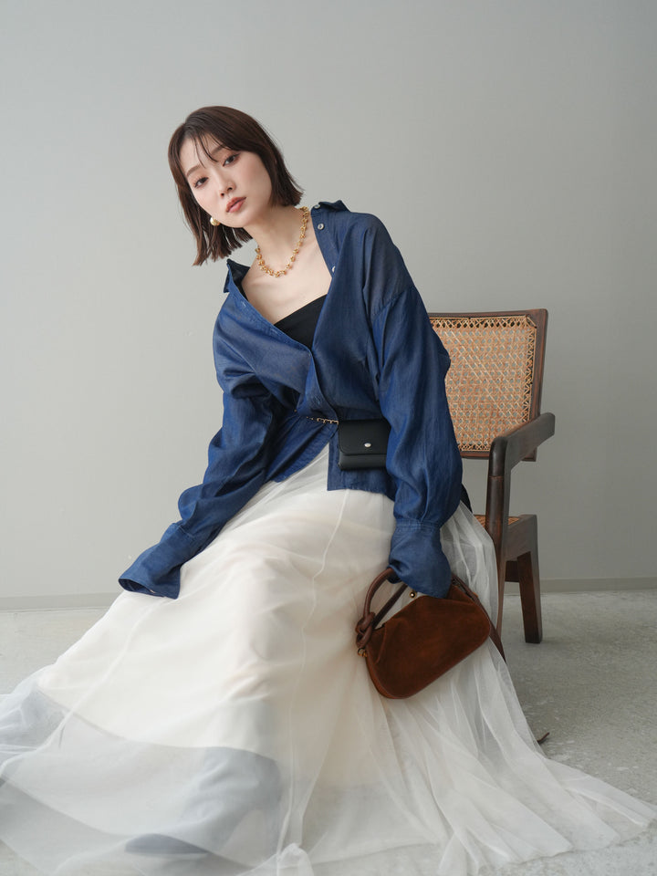 [SET]テンセルデニムタックシャツ+チュールボリュームスカート(2set)