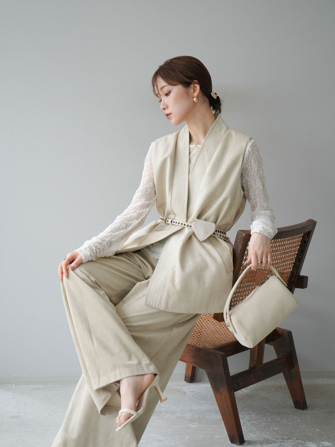 [SET]ポーチベルト付スウェードジレ×パンツSET UP(2set)