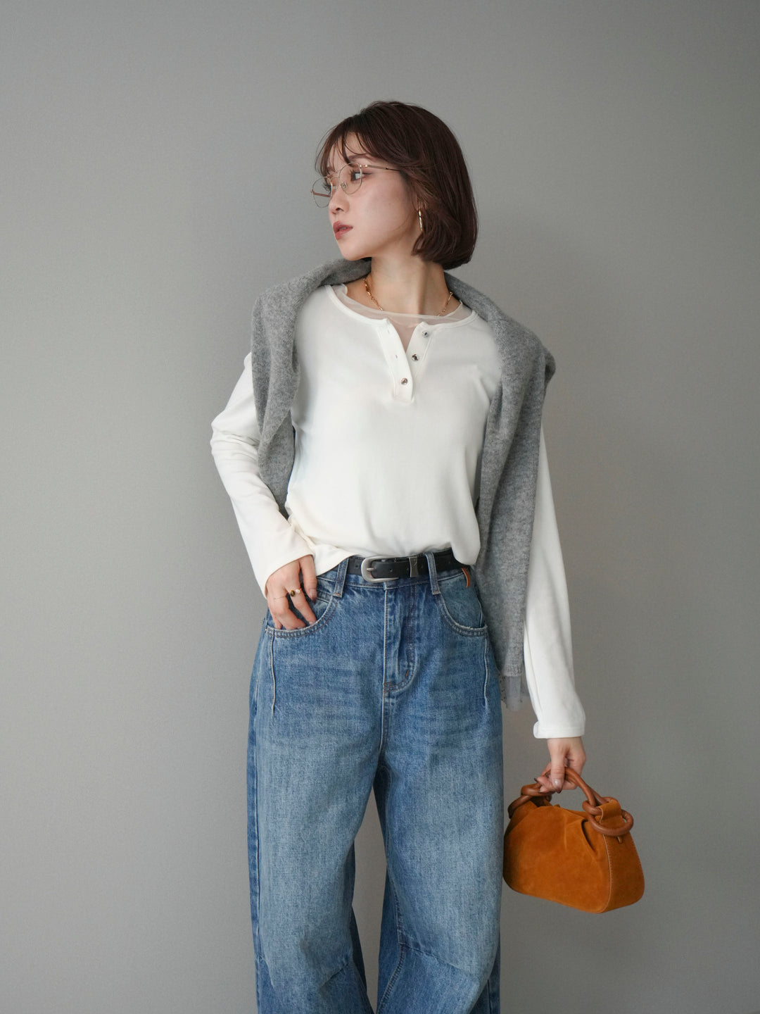 [予約]チュールレイヤードヘンリーネックカットソー/ivory