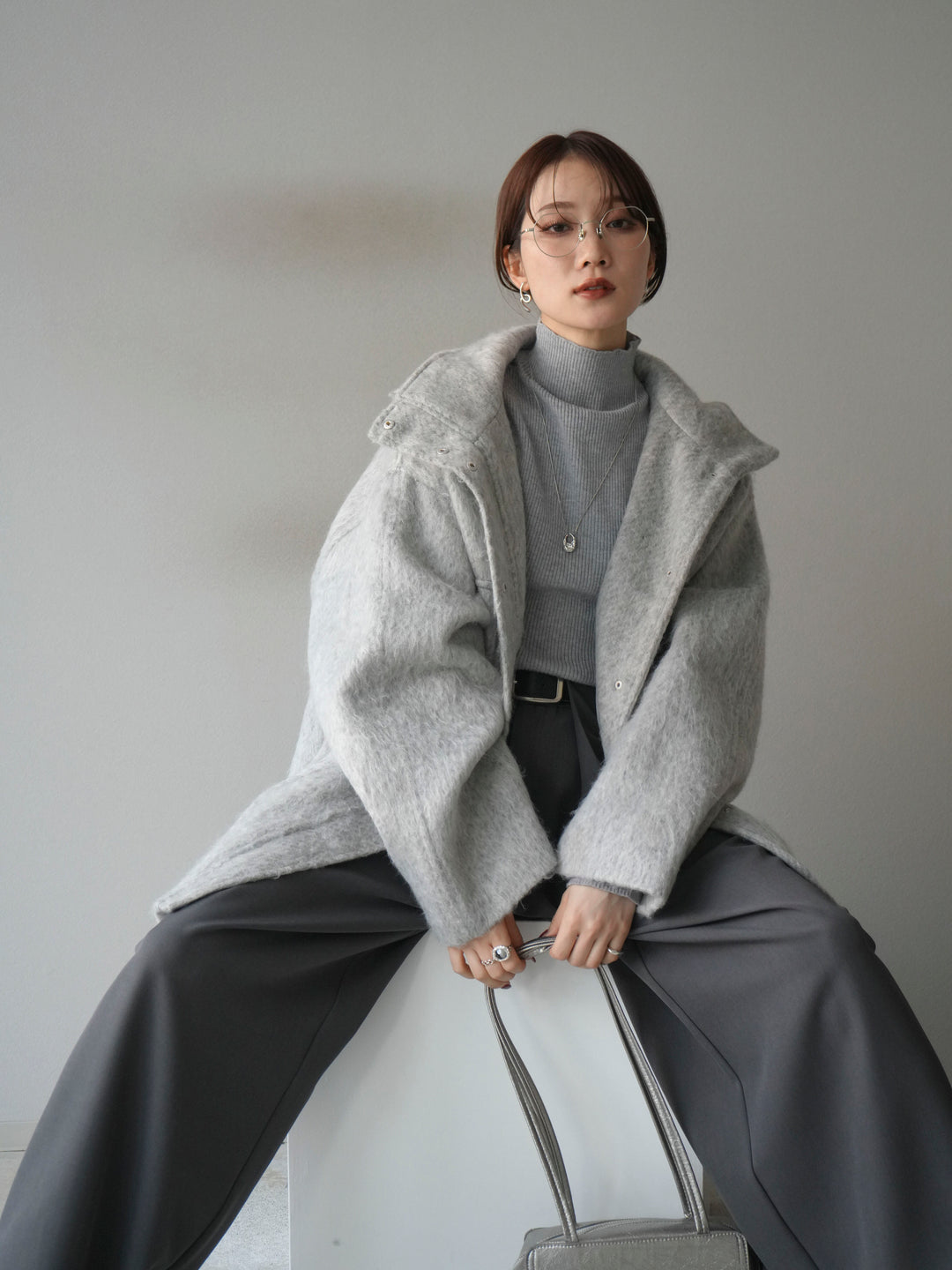 [予約]スタンドカラーシャギーコート/mokugray