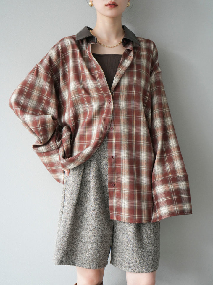 [SET]レザー襟オンブレチェックオーバーシャツ +ツイードハーフパンツ(2set)