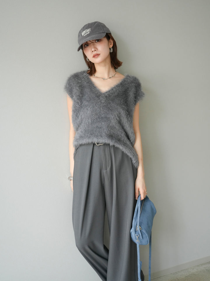[SET]ラメシャギーVネックニットベスト+ベルトループデザインワイドパンツ(2set)