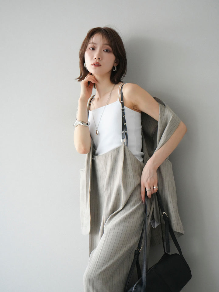 【着回しセット】[SET]ヘリンボーンストライプジレ+シアー切替ベロアトップス+ヘリンボーンストライプサロペット(3set)