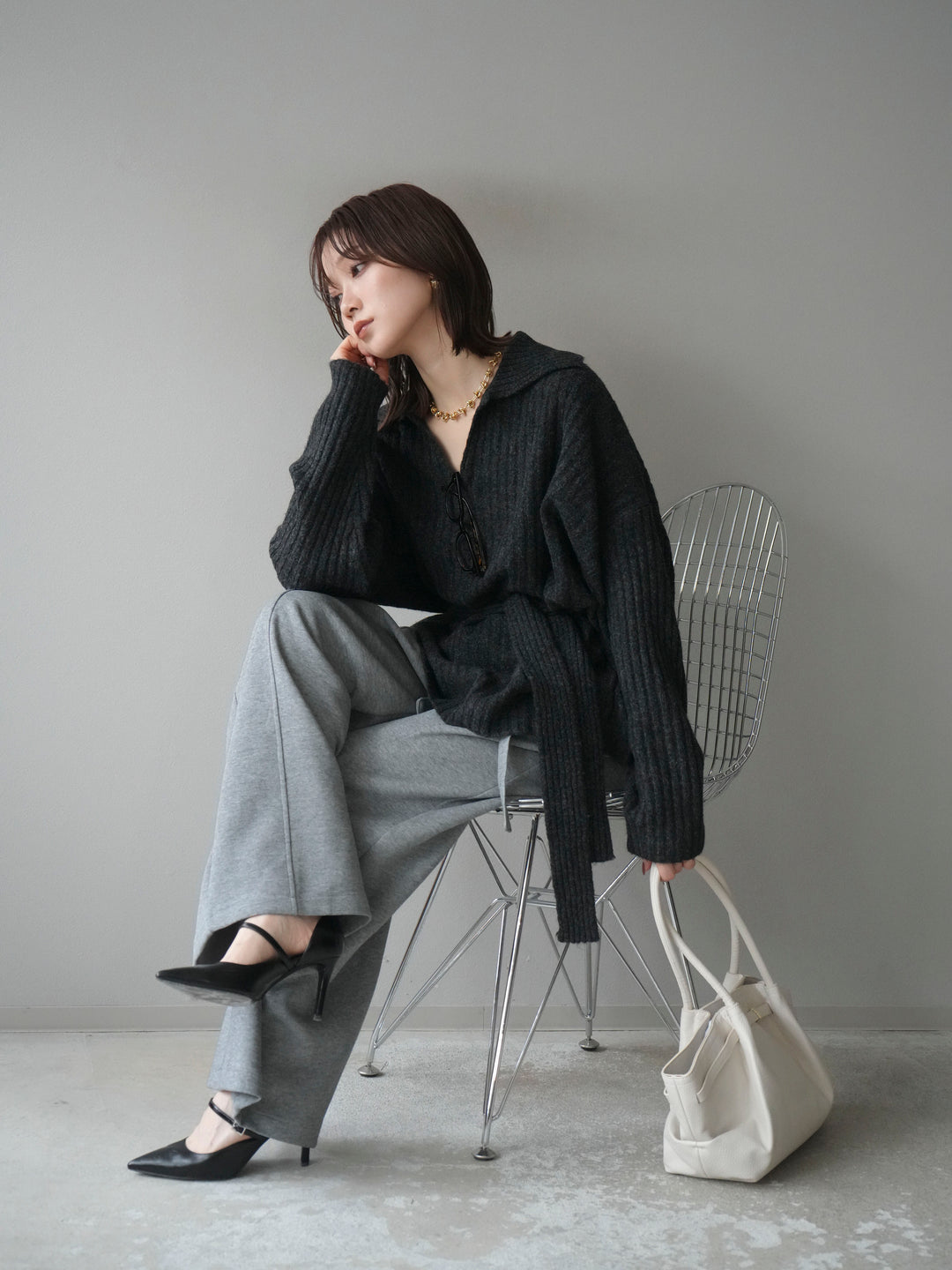 [予約]ワイドリブポロニットプルオーバー/darkgray