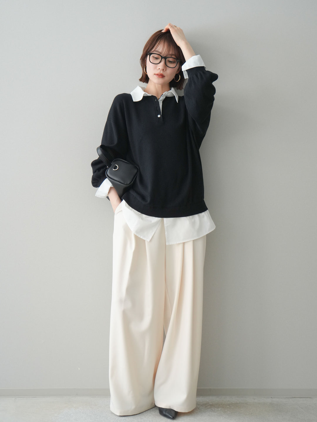 [予約]ウエストバイカラータックワイドパンツ/ivory