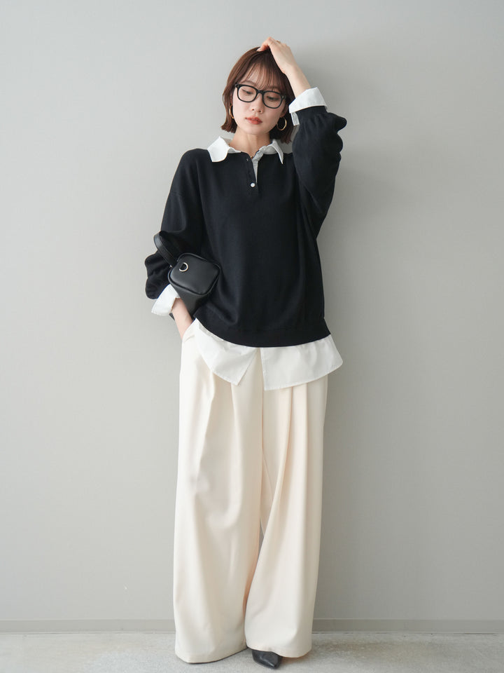 [予約]ウエストバイカラータックワイドパンツ/ivory
