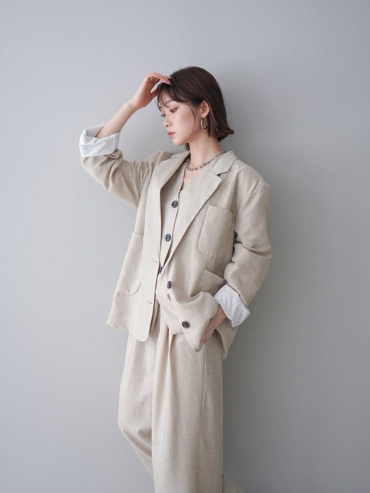 [SET]リネンライクテーラードジャケット+リネンライクバックオープンジレ+リネンライクタックワイドパンツ(3set)