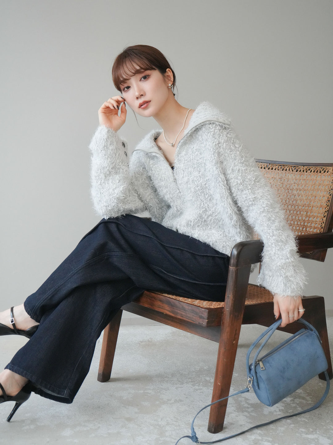 [予約]ミックスシャギージップニットカーディガン/ivory