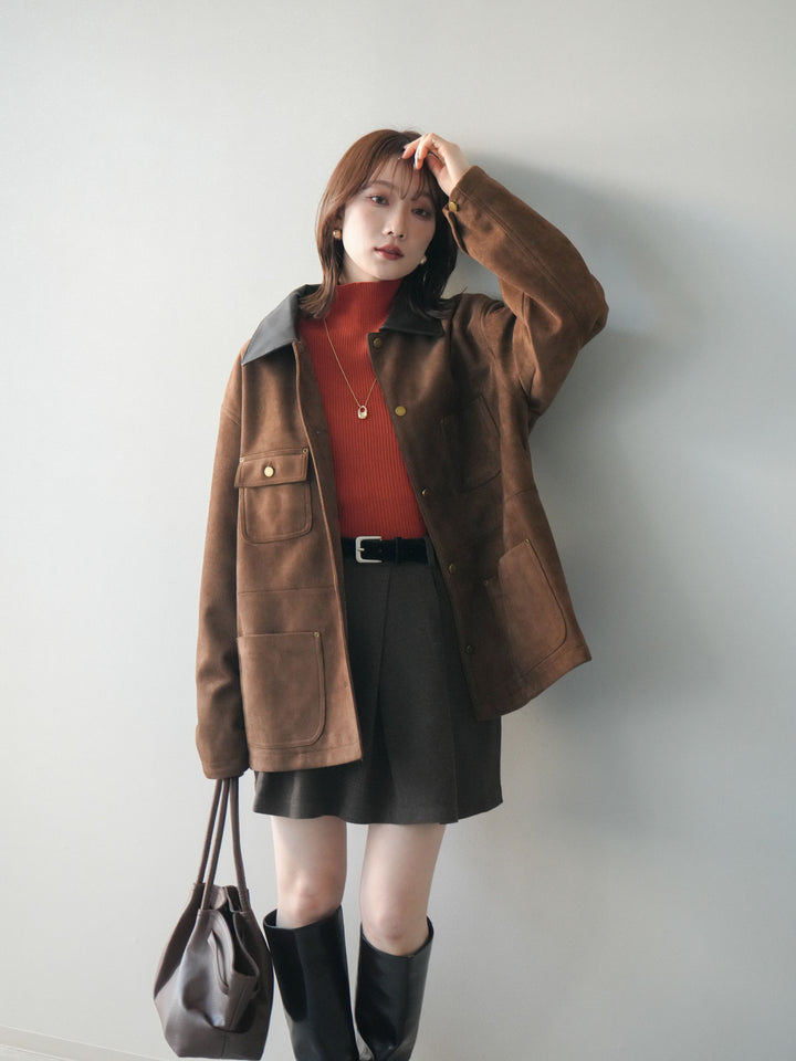 [SET]襟レザーステンカラースエードジャケット+袖ボタンボトルネックリブニットトップス(2set)