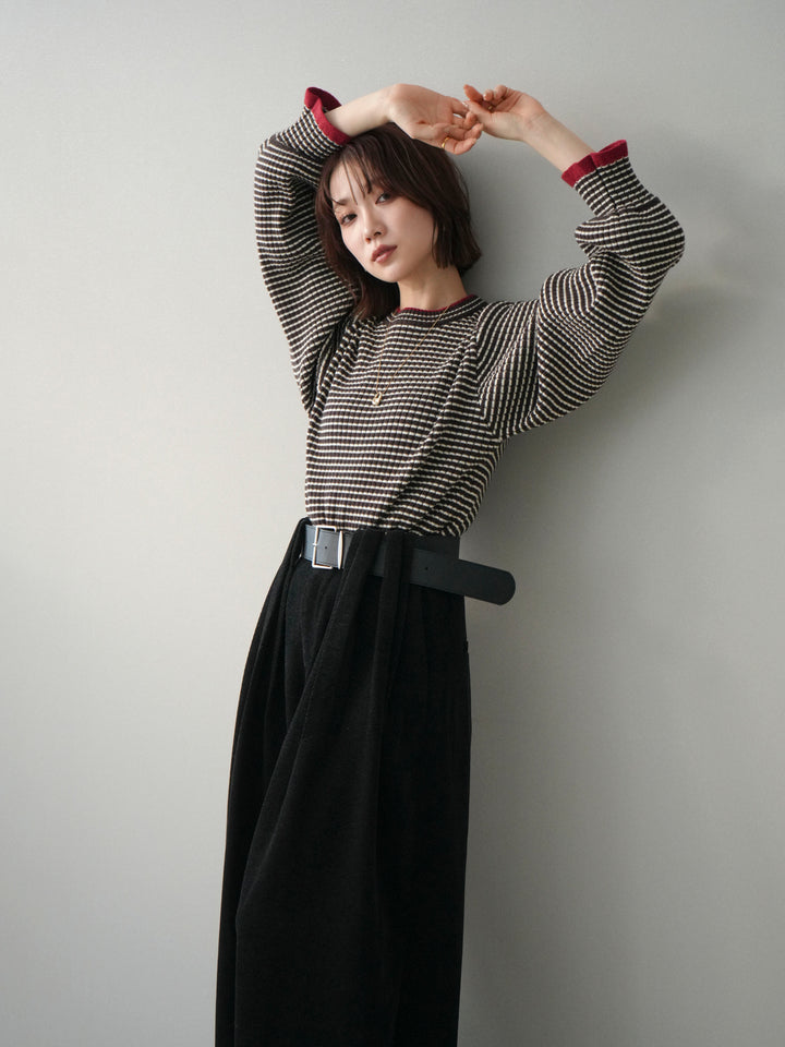 [予約]ラメ異素材ボーダーリブニットプルオーバー/brown×red