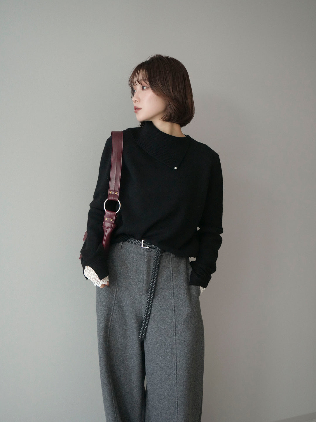 [SET]袖レースパール付き配色ニットトップス+ウールタッチカーブパンツ(2set)