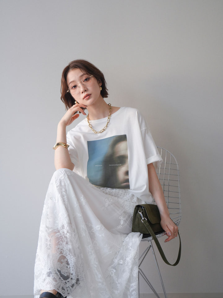 [SET]ブラーアートフォトTシャツ+シアーレースマキシスカート(2set)