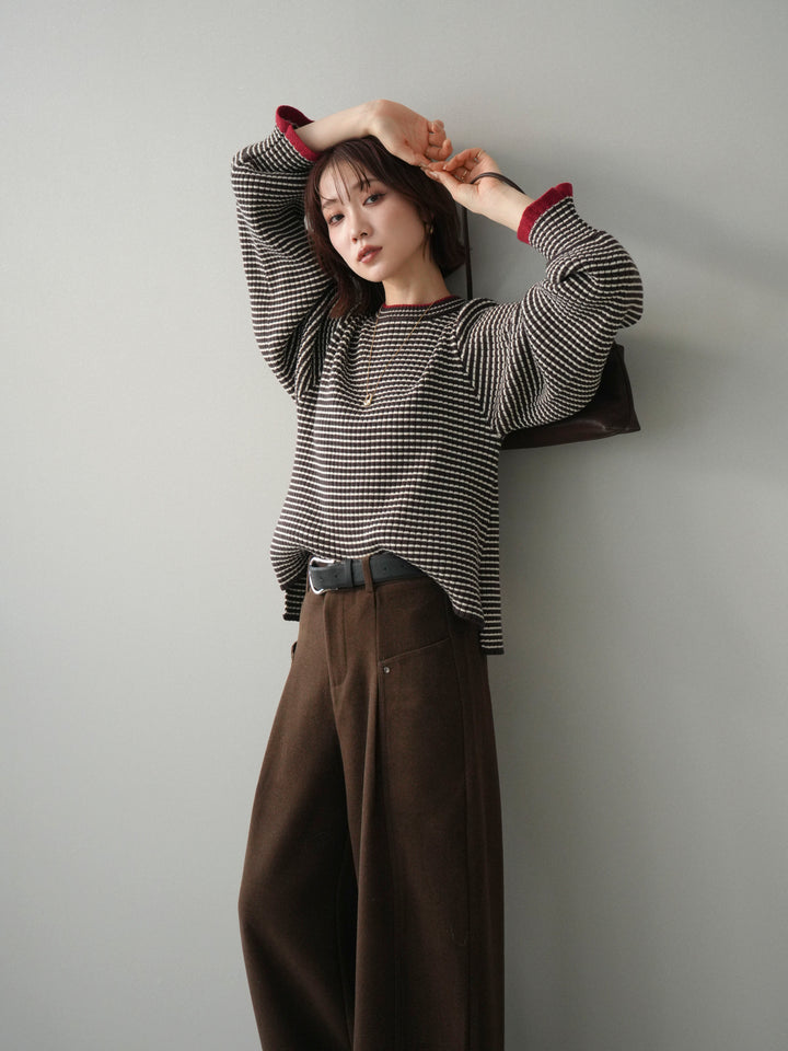 [予約]ラメ異素材ボーダーリブニットプルオーバー/brown×red