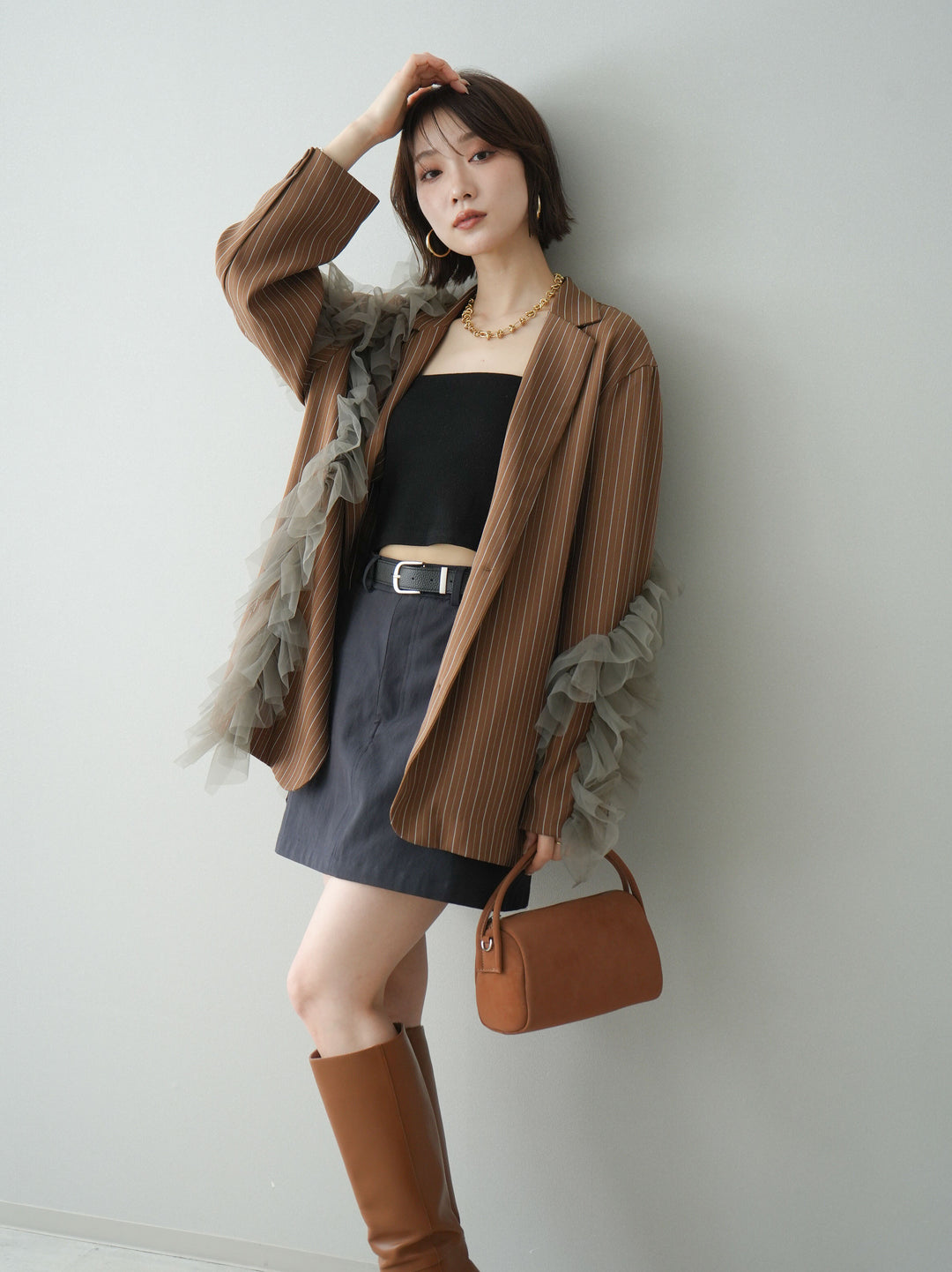 [予約]アシンメトリーチュールストライプジャケット/goldbrown