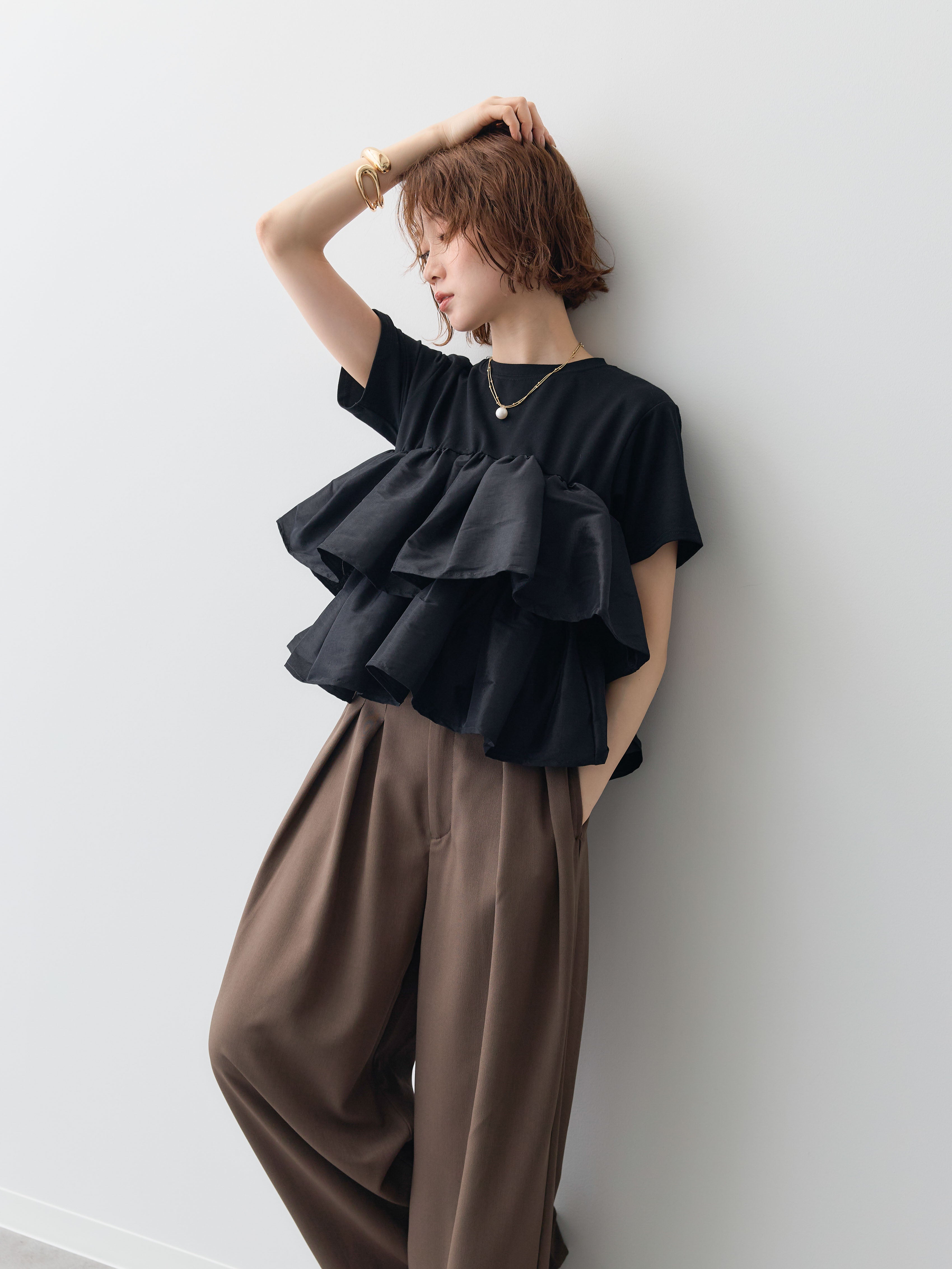 SET]フリルティアードTEE+クレープデシンタックワイドパンツ(2set