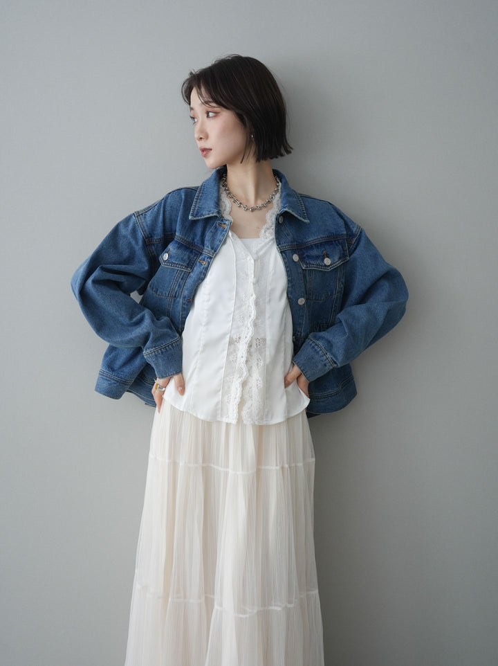 【套裝】荷葉邊牛仔外套+無袖緞面蕾絲吊帶背心+亮片褶皺多層薄紗長裙（三件套）