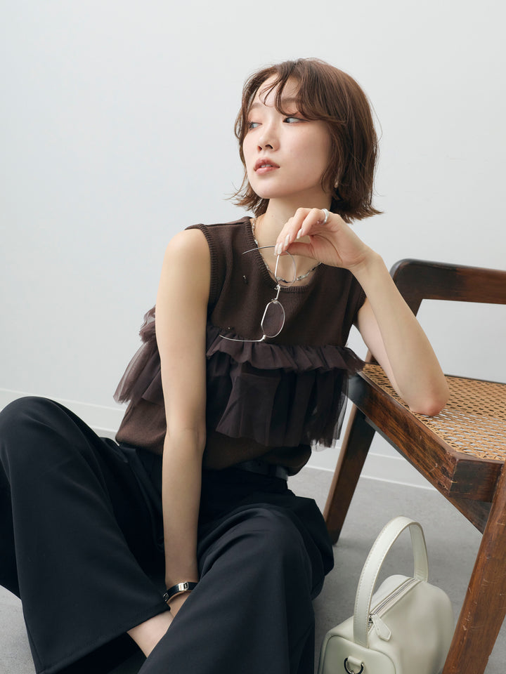 [予約]チュールフリルニットノースリトップス/brown