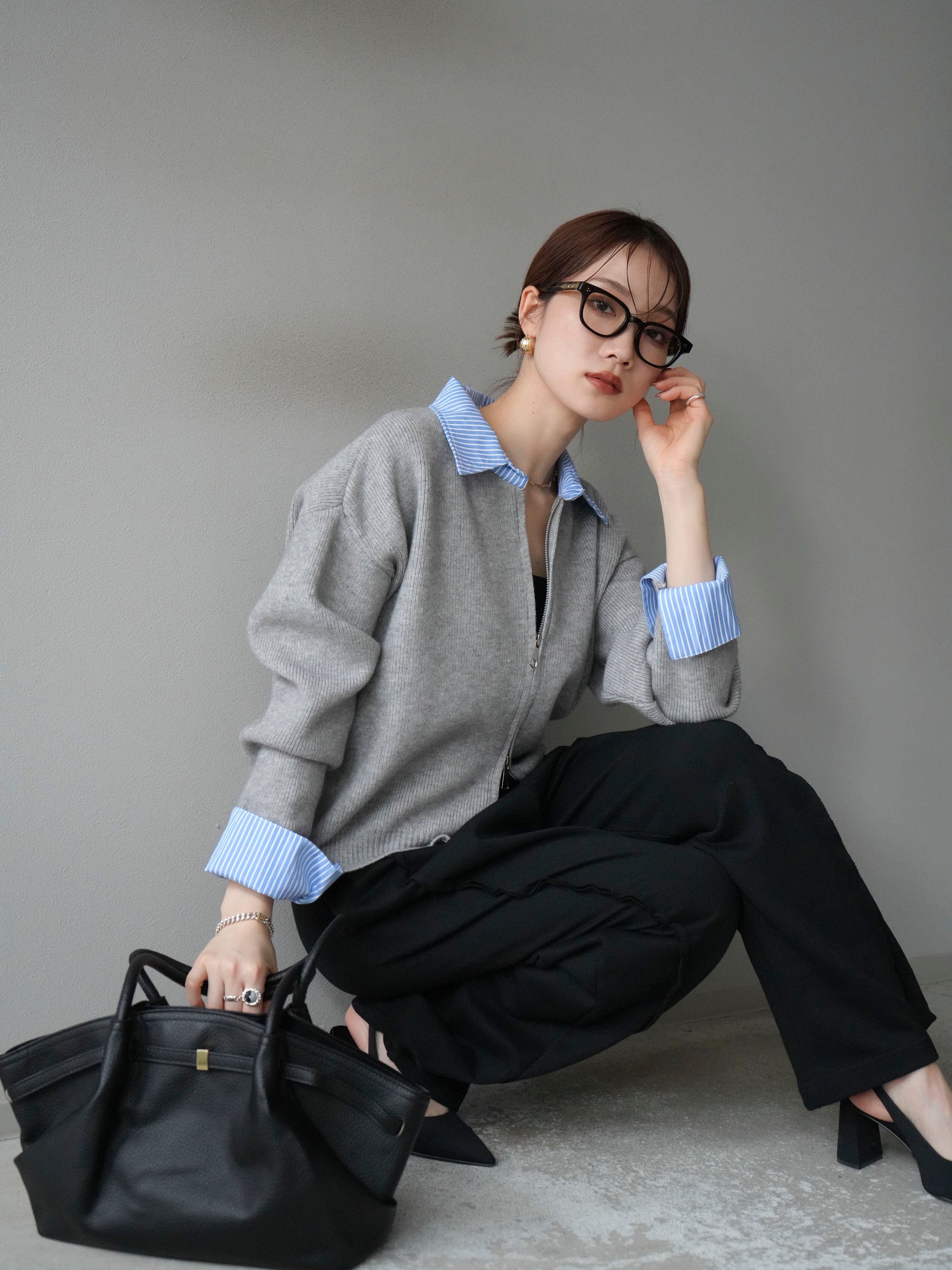 予約]ストライプシャツレイヤードZIPニットカーディガン/gray – Lumier