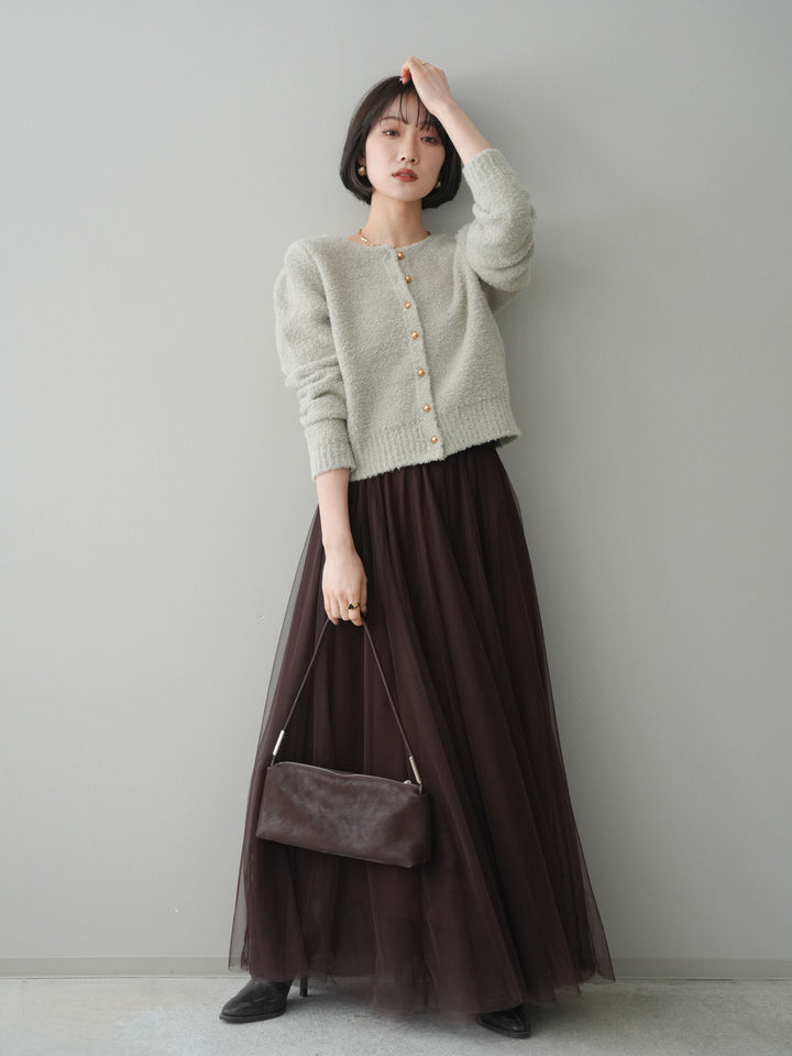 [SET]ゴールドボタンブークレニットカーディガン+チュールボリュームスカート(2set)