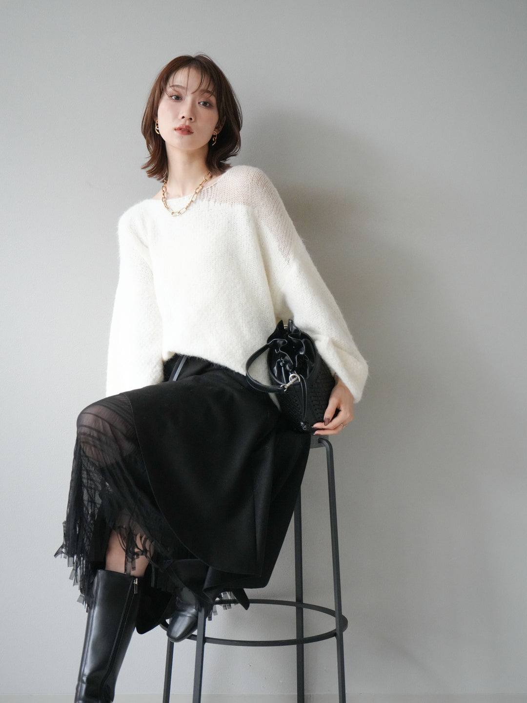 [予約]ネック透かし編みニットプルオーバー/ホワイト