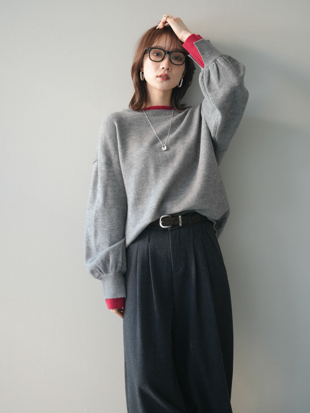 [予約]ヘンリーネック配色レイヤードニットプルオーバー/middlegray