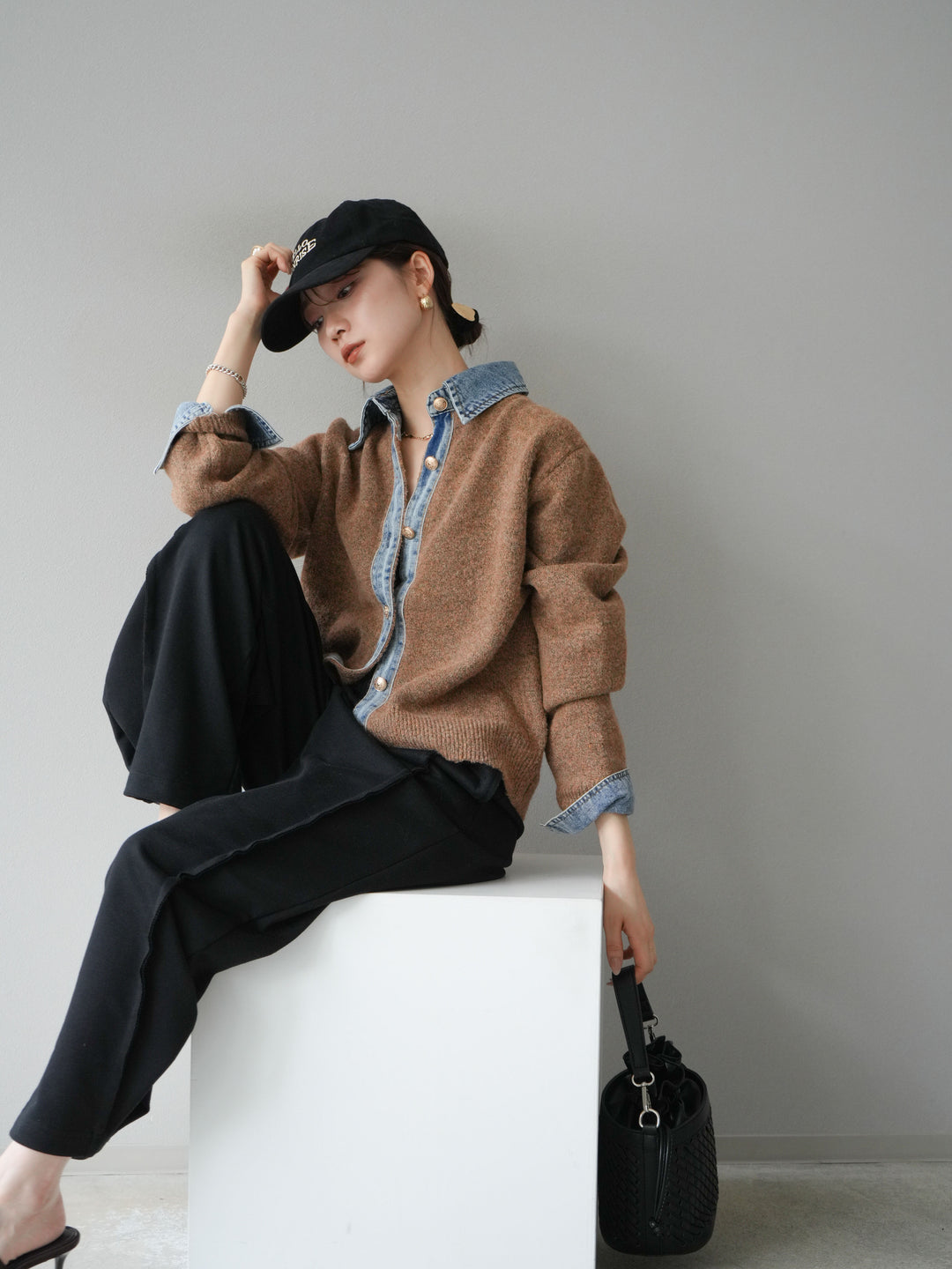 【着回しセット】[SET]デニム襟ボタンニットカーディガン+デニム襟ボタンニットカーディガン+2WAYデザインスウェットパンツ(3set)