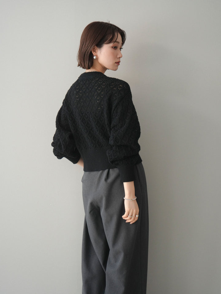 [予約]透かし編みフロントジップスリットニットプルオーバー/black