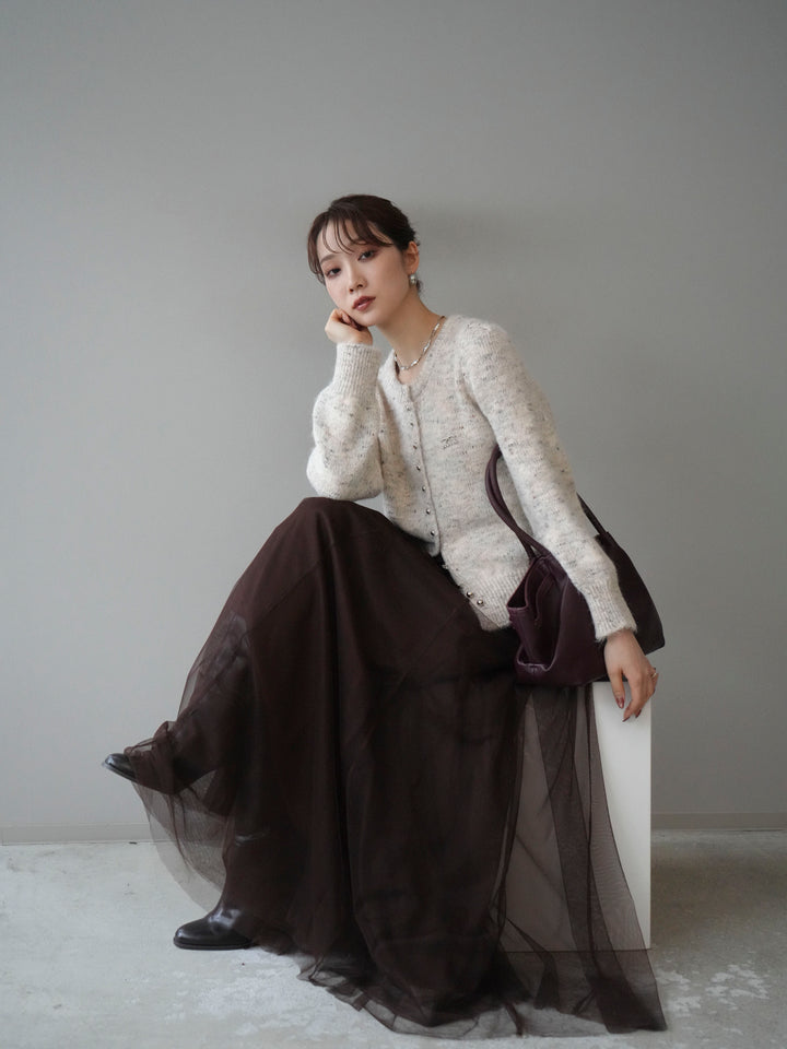 [SET]ブローチ付silverボタンミックスニットカーディガン+チュールボリュームスカート(2set)