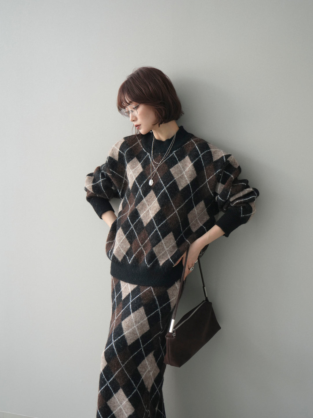 [SET]アーガイルニットプルオーバー&ロングスカートSET UP+選べるアクセセット(2set)