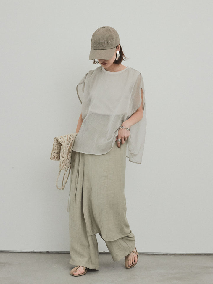 [SET]コンパクトスムースシアーレイヤードトップス+ワッシャーサテンレイヤードスカートパンツ(2set)