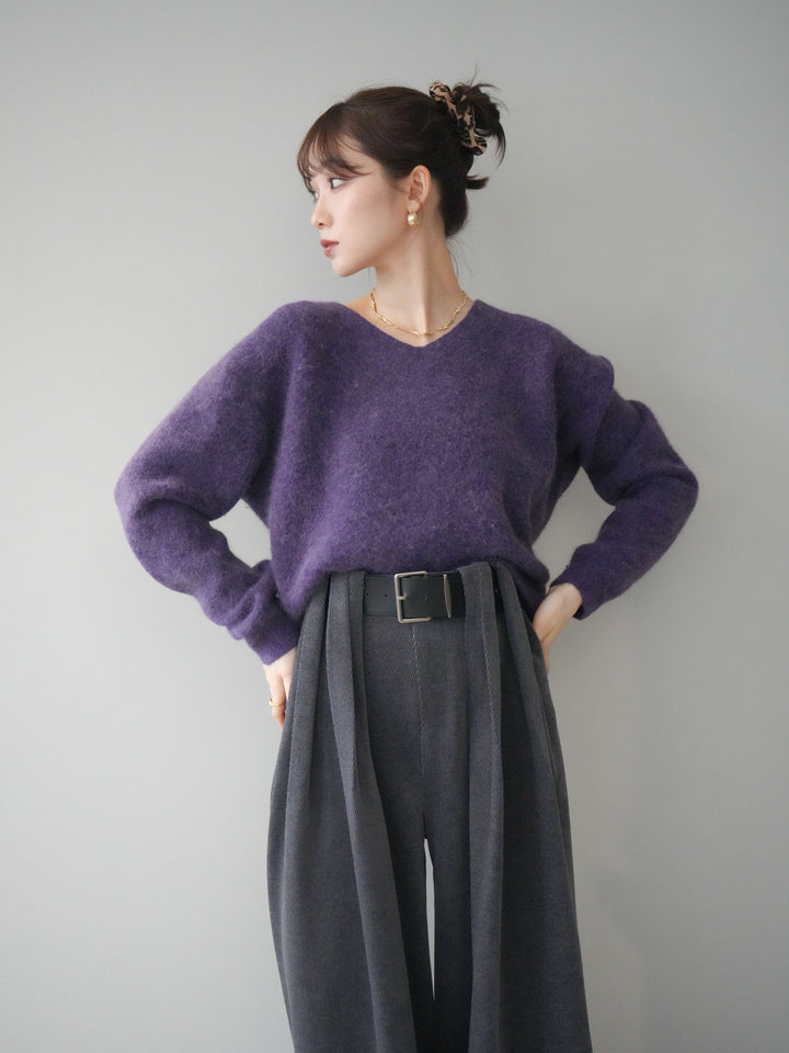 [予約]シュシュ付きアンゴラタッチVネックニットプルオーバー/purple