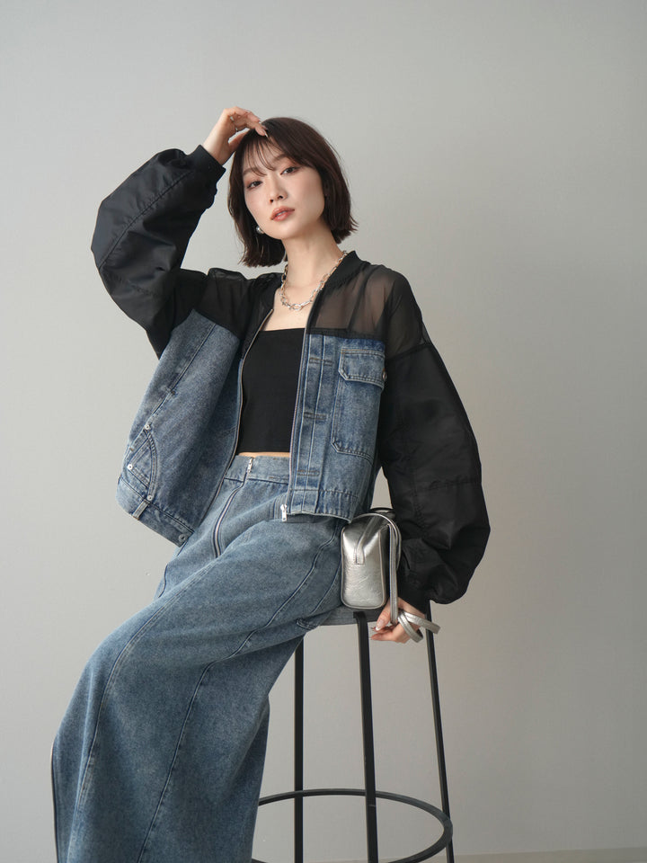 [SET]異素材デニムブルゾン+フロントジップデニムスカート(2set)