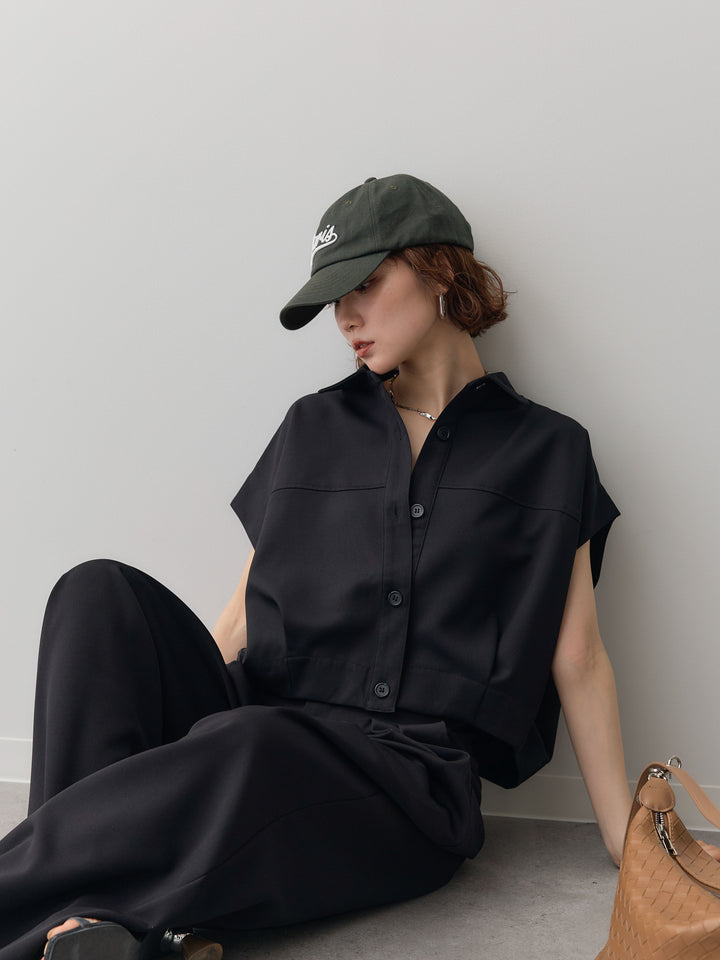 【套裝】縐綢燈籠無袖襯衫 + 縐綢闊腿褲（兩件套）