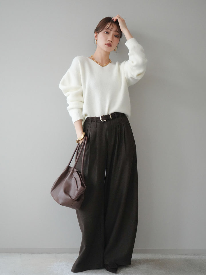 [SET]シュシュ付きアンゴラタッチVネックニットプルオーバー+アニマル柄ベルト付きウールタッチワイドパンツ(2set)